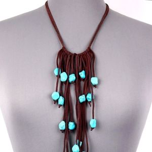 Suede Leather & Turquoise Stone Bead Fringe Tassel Necklace